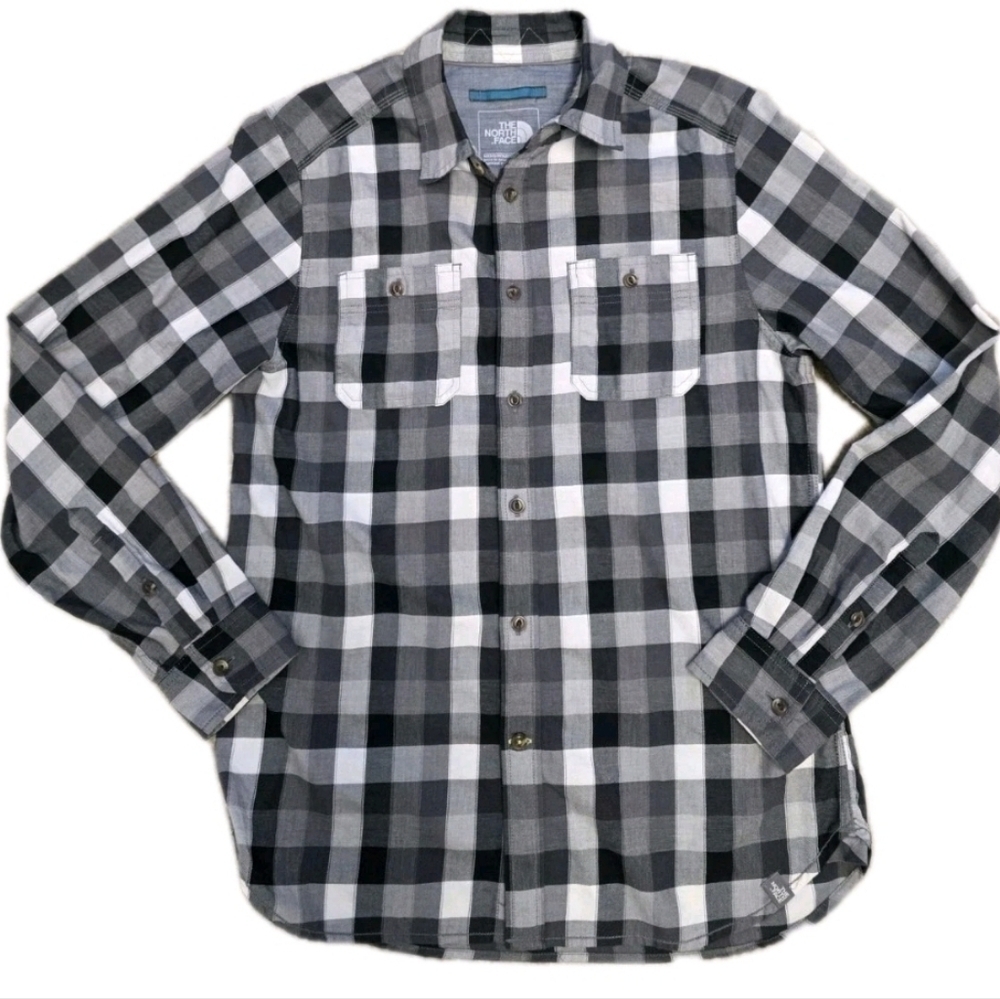 The North Face Shirt Mens Button Up Size Med Grey/Black Plaid Outdoor Checkered
